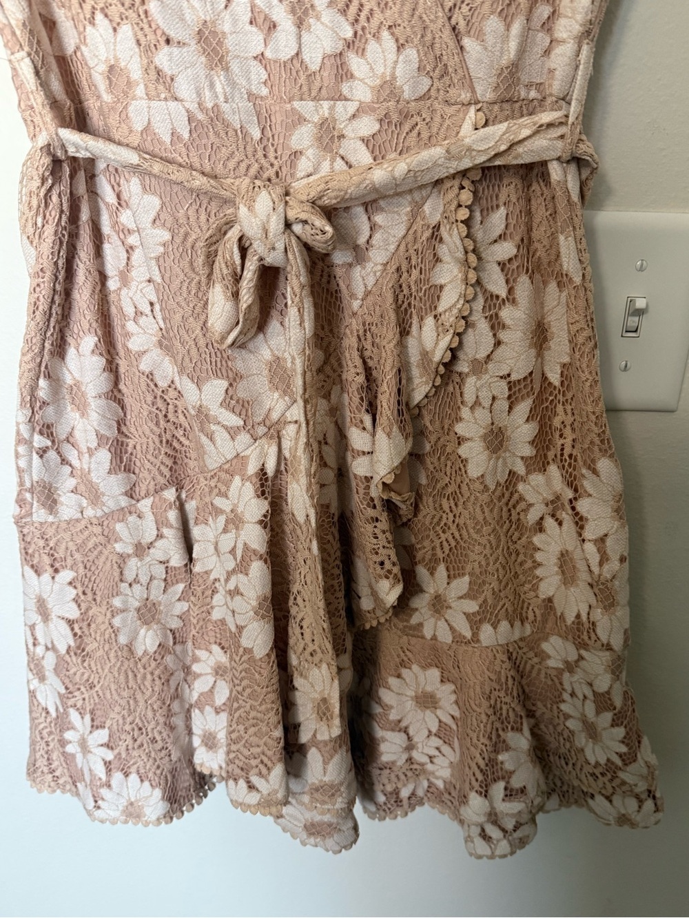 Boho Lace Floral Wrap Dress Small | Nude Blush Mini Dress Feminine Cottagecore - Picture 2 of 7